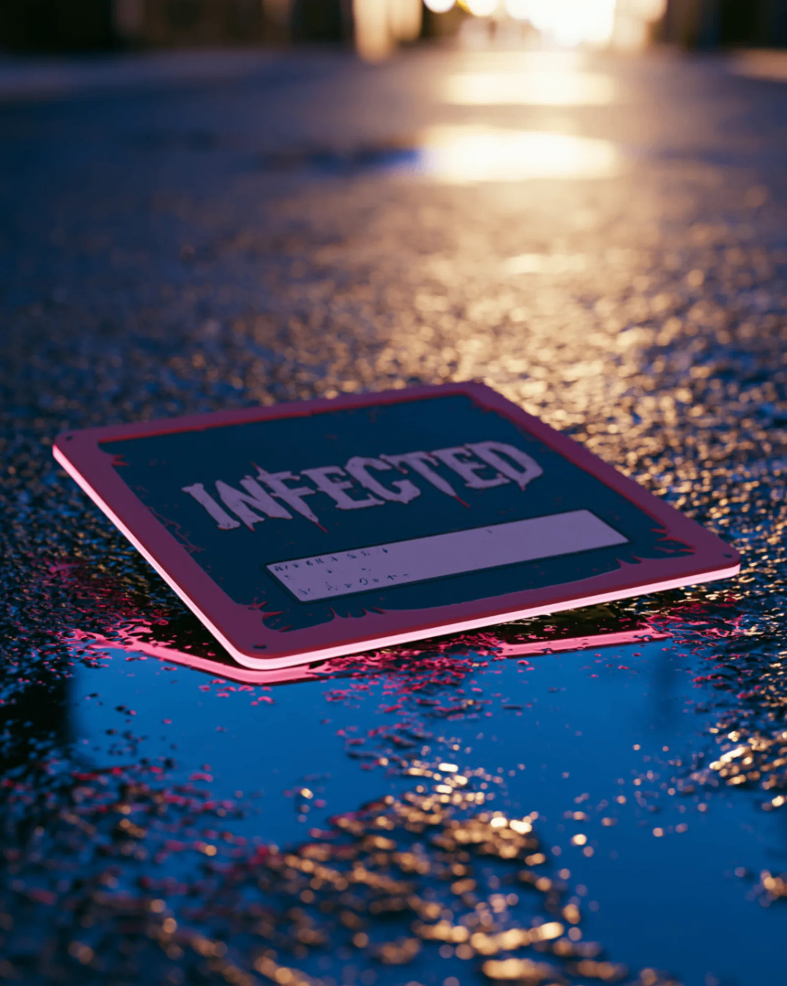 A pink-bordered INFECTED membership card lying face-up on wet asphalt, streetlight reflections around it.
